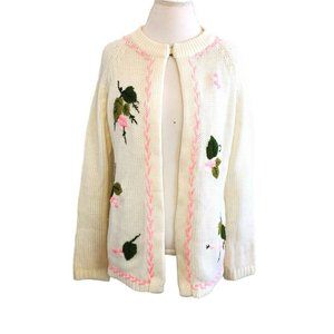 Vintage 60s White Cardigan‎ Sweater Pink Berries Leaves Pinup Rockabilly Sz M